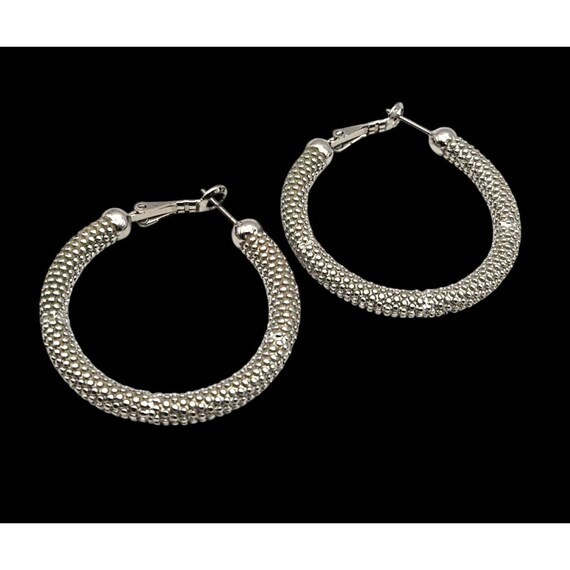Silver Textured Hoop Earrings With Lever Back Closure 1 5/8 Inch