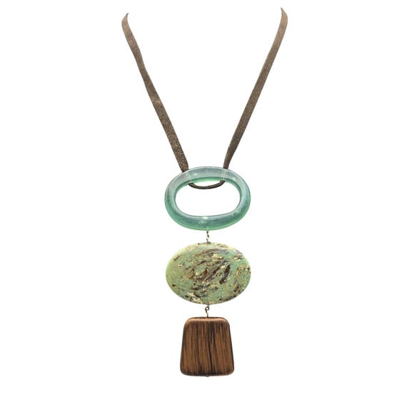 Vtg Faux Gemstone Pendant Necklace Earth Tones W/ Leather Strap Resin/Faux Wood & Agate 18" Length W/ 3 1/2" Pendant