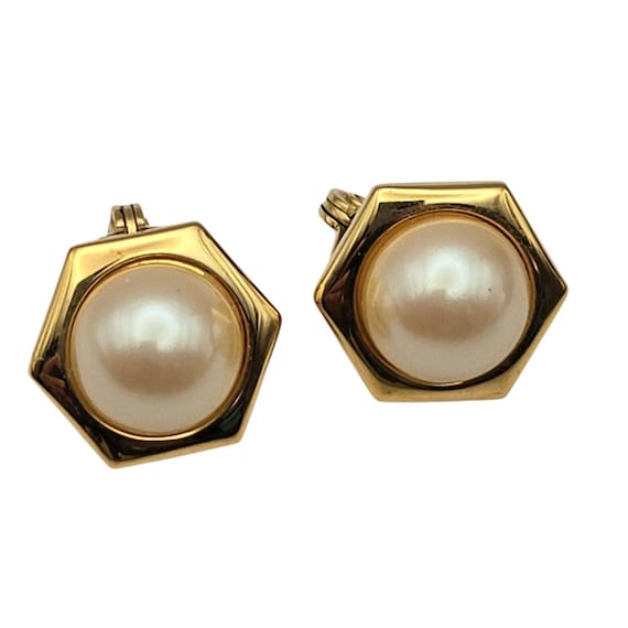 Vintage Monet Clip-On Earring Lot  3 Pairs  White Enamel Faux Pearl & Gold-Tone Brush Finish Designs