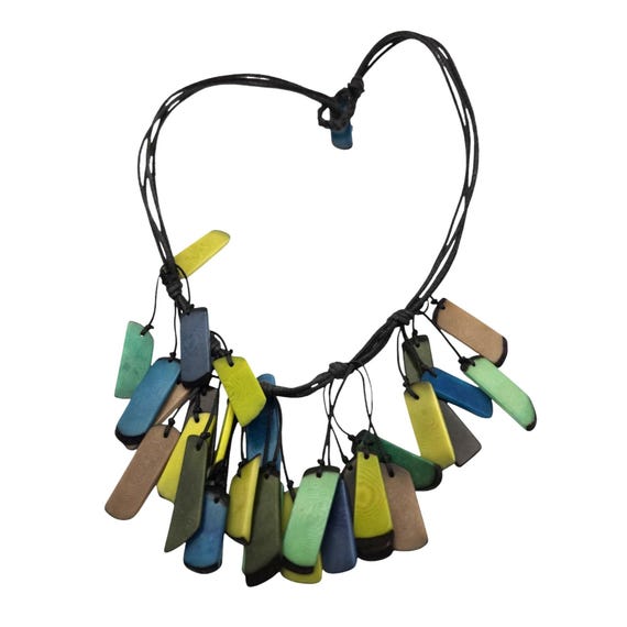 Vintage Multicolor Wooden Pendant Necklace With Black Cord Adjustable Length 20 " w/ 2 " Drop