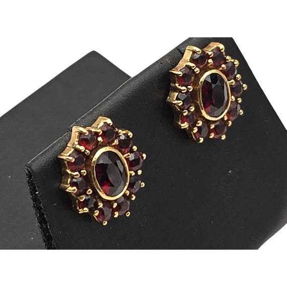 Vtg Gold Vermeil 925 Sterling Garnet Colored Rhinestone Stud Earrings Oval Prong Set Stones 1/2" Design