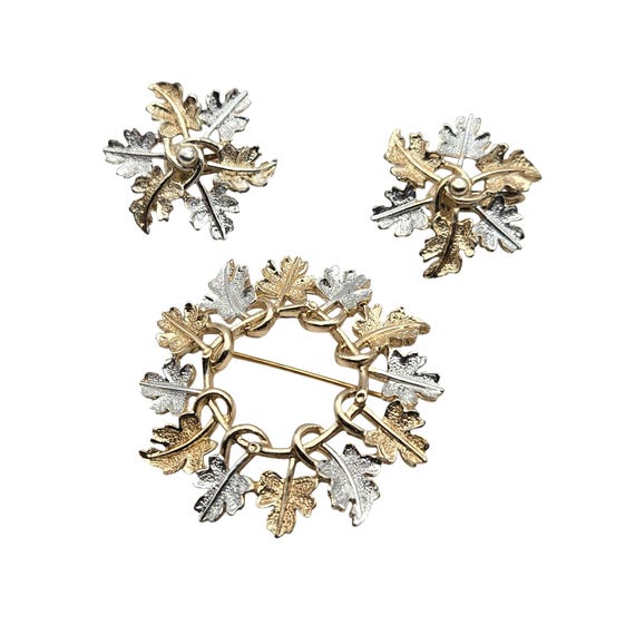Vintage Sarah Coventry Two Tone Leaf Brooch & Clip-On Earring Set 1 3/4 " and 1 "