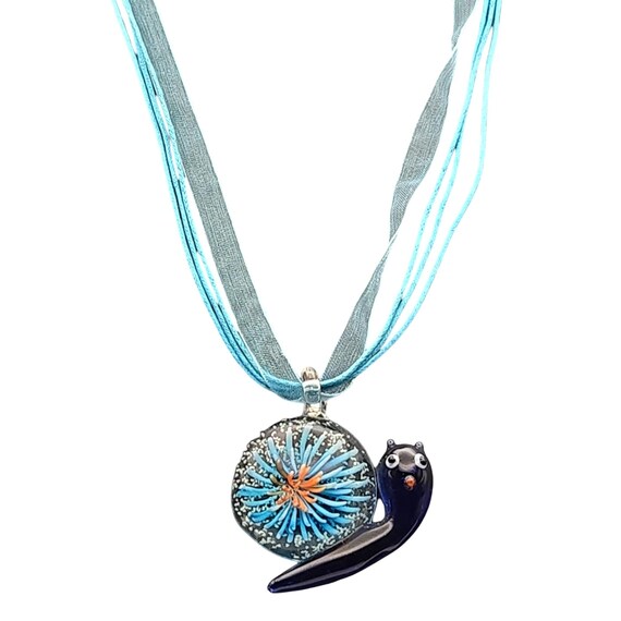 Vtg Murano Art Glass Anemone Pendant With Corded Ribbon Chain Sea Snail