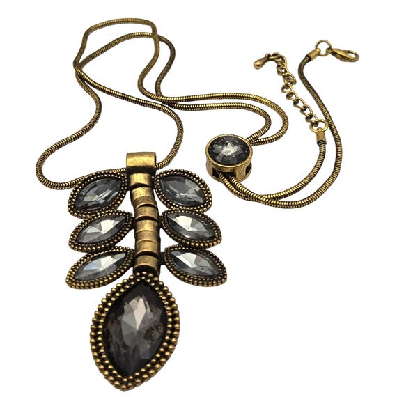 Vintage Brass & Crystal Statement Necklace Leaf Design Adjustable Chain Elegant Art Deco Style