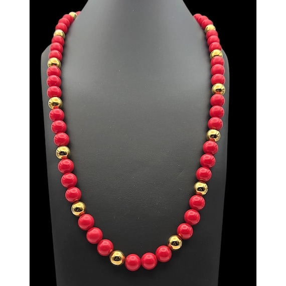 Vtg Napier Deep Red & Gold Beaded Necklace 24"