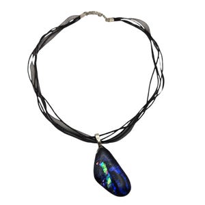 Vintage Art Glass Pendant Necklace With Black Ribbon Cord & Multicolor Iridescent Design 11 &quot;
