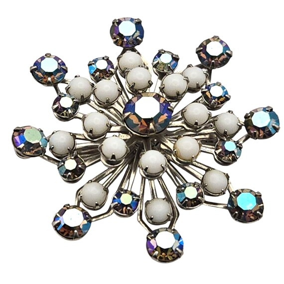 Vintage AB Rhinestone & White Cabochon Snowflake Brooch Pin 2 " X 1 3/4 "