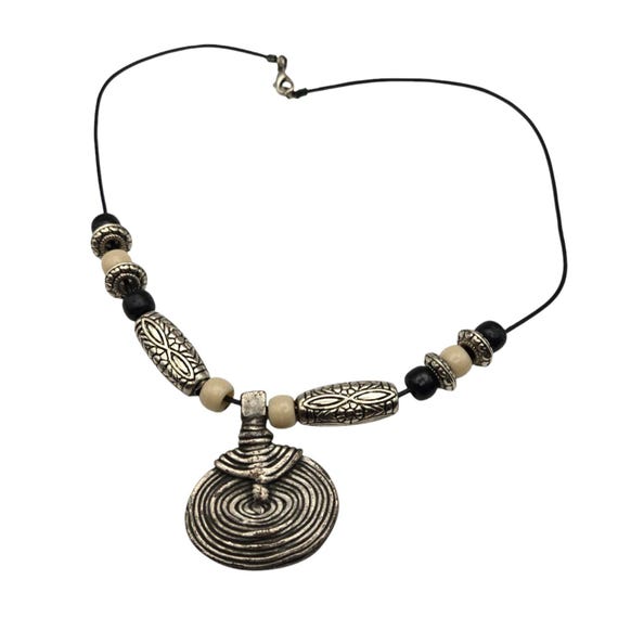 Vtg Silver Tone Bohemian Tribal Style Necklace W/ Beaded Cord & Statement Pendant 10 1/2 "