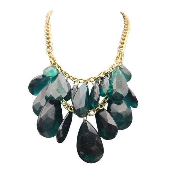 Vintage Green Lucite Crystal Bib Necklace With Goldtone Chain 16 " w/ 3 " Ext