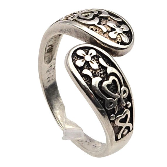 Adjustable Vintage Acid Wash Flower & Heart Silver Band Ring Size 11