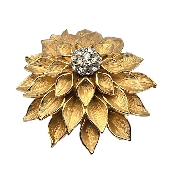 Vintage Marcel Boucher Gold-Tone Dahlia Brooch With Rhinestone Accents Signed & Numbered 3012P Elegant Floral Pin