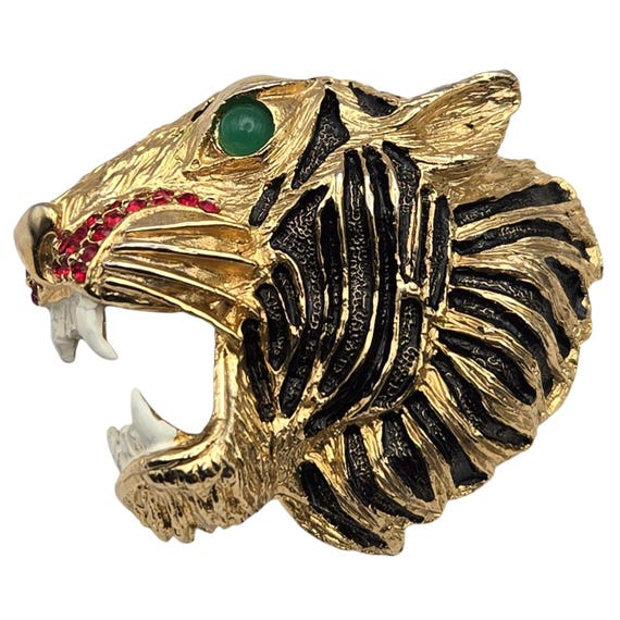 Vtg Nataly Gold Tiger Brooch W/ Jade Eye - Ruby Rhinestone Accents Signed & Numbered