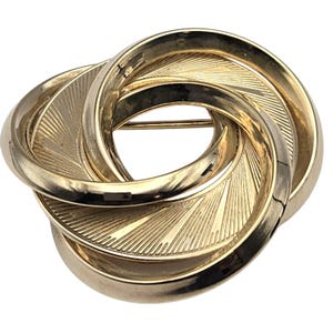 Vtg Gold Tone Mid Century Modern Swirl Brooch With Textured Details & Secure Pin Back