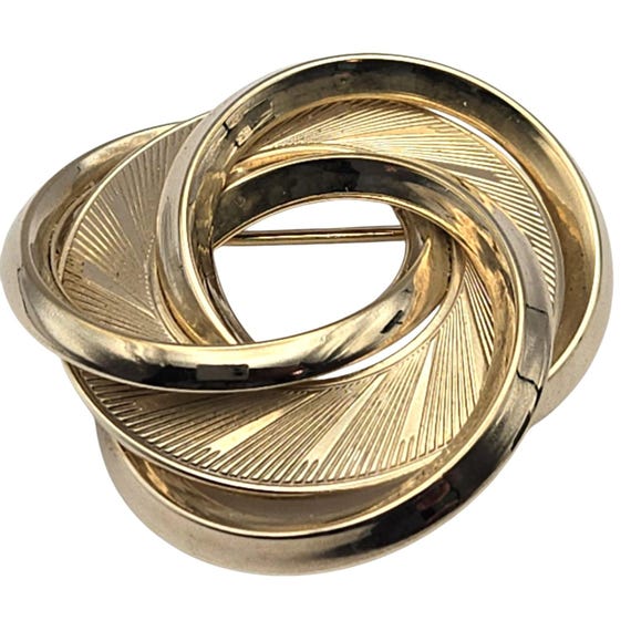 Vtg Gold Tone Mid Century Modern Swirl Brooch With Textured Details & Secure Pin Back