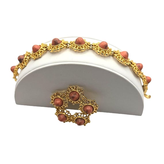 Vintage Sarah Coventry Gold Tone Brooch & Bracelet Set With Faux Coral Cabochons