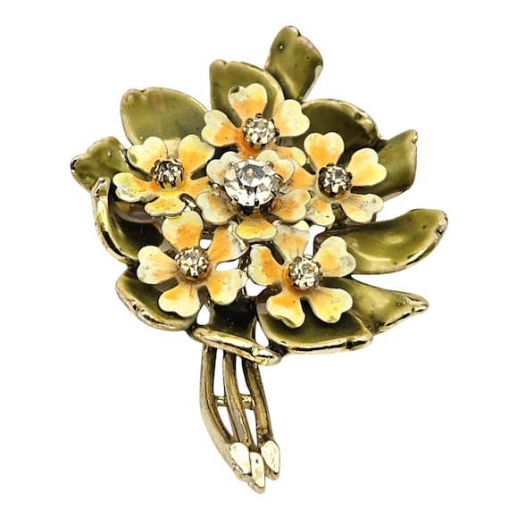Vtg Coro Rhinestone - Enamel Floral Brooch Signed On Reverse Gold-Tone & Green Accents Elegant Jewelry Piece 2 1/4 " x 1 1/2 "