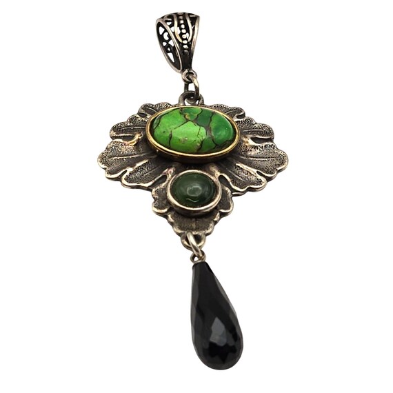 Vtg Steve Stamas Artist-Signed Sterling Silver Pendant W/ Green Stone & Black Faceted Drop