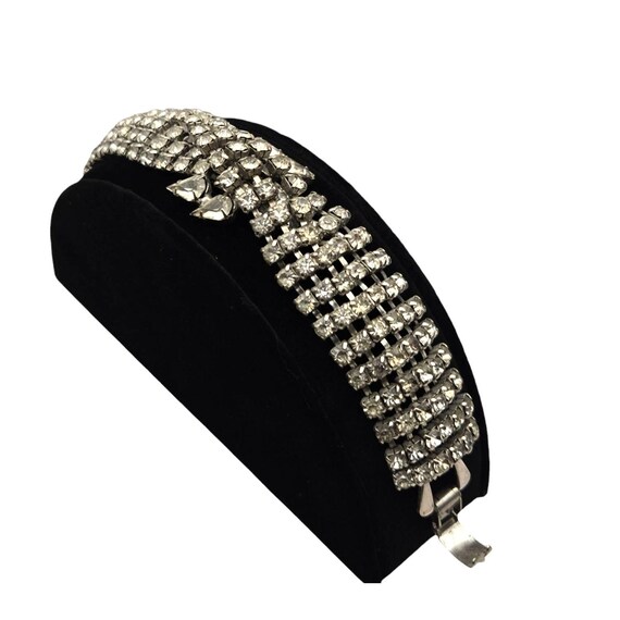 Vintage Rhinestone Silver Tone Cross Over Bracelet With Leaf Accents