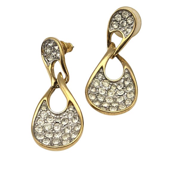 Vtg Trifari Gold-Tone Dangle Earrings With Rhinestone Crystal Accents 1 3/4 " x 3/4 "