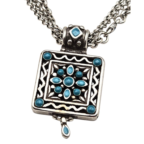 Vtg Brighton Triple Strand Faux Turquoise Beaded Pendant Necklace 10" Length 1.25"x1" Square Pendant Unique Enamel & Turquoise Accents
