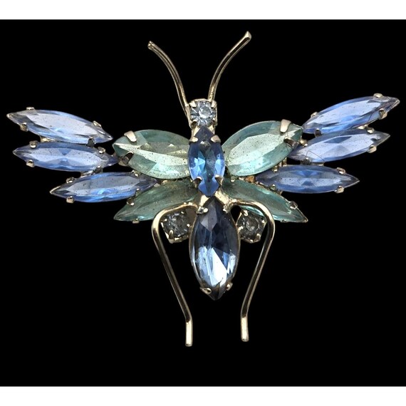 Vintage Blue Green Rhinestone Insect Brooch Pin 2 1/8 "