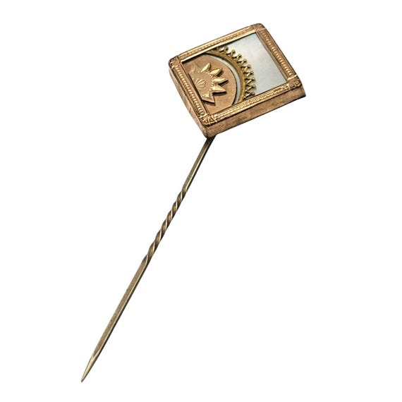 Vtg Victorian Rolled Gold Stickpin W/ Ornate Detailing & Mother Of Pearl Inset Sunrise Design 3 "