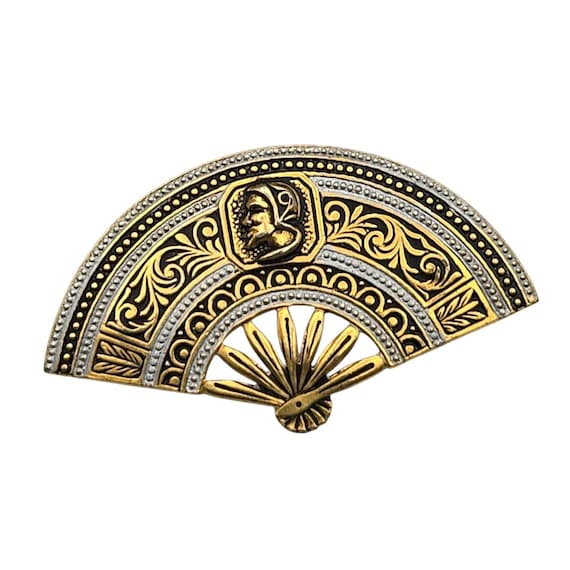 Vtg Gold Tone Damascene Inspired Pin Brooch With Intricate Design & Greek Motif