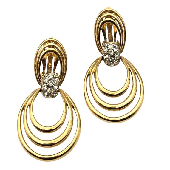 Vtg Givenchy Gold-Tone Clip-On Hoop Earrings With Rhinestone Crystal Accents 2 " x 7/8 "