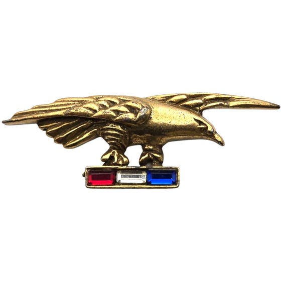 Vintage Gold-Toned Eagle Brooch Pin With Red/White/Blue Rhinestone Accents 1 7/8 " X 3/4 "