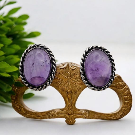 Vintage Mexican 925 Sterling Silver & Amethyst Oval Stud Earrings