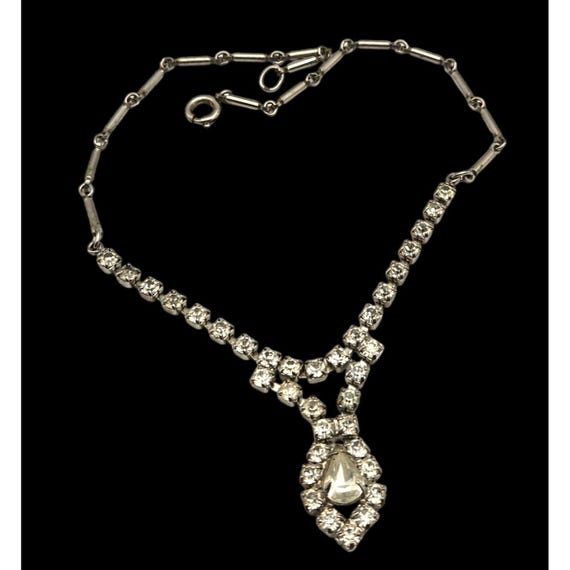 Vintage Rhinestone Necklace With Teardrop Pendant & Adjustable Chain