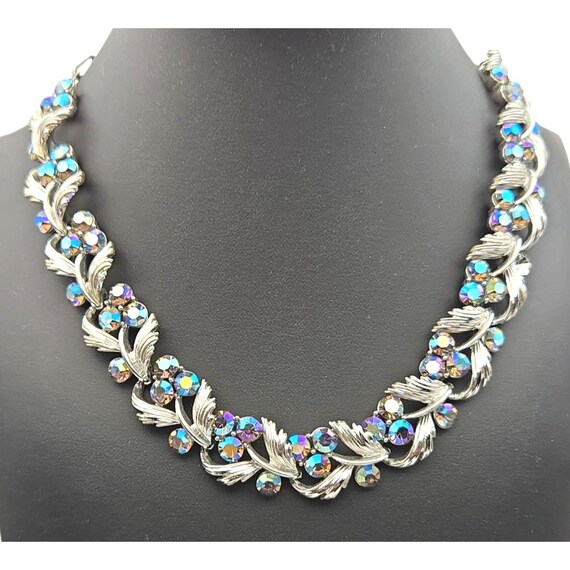 Vtg Coro Silver Tone diamante AB Rhinestone Floral Necklace 17" Elegant Leaf Design