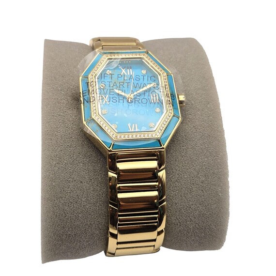 Vintage Rarities Ladies Gold Tone Octagonal Wristwatch W/ Turquoise Enamel Face & Crystal Accents Bracelet Style Strap 7"-7.5" Size