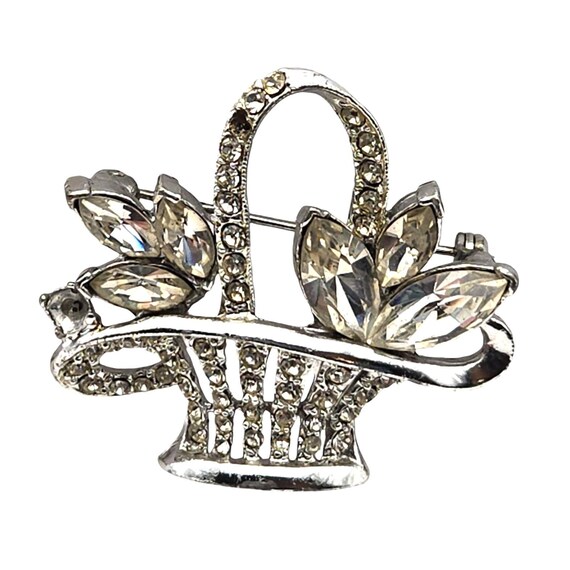 Vintage Rhinestone Basket Brooch 2 Missing Stones