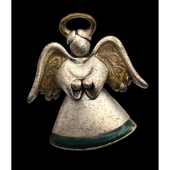 Antique Pewter Angel Brooch Pin With Gold & Green Detailing