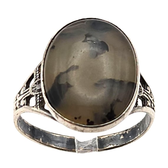 Vintage Sterling Silver Ring W/ Oval Moss Agate Stone & Ornate Filigree Detail Size 8 1/4