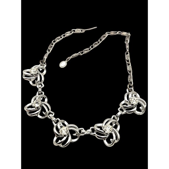 Vintage Silver Tone Rhinestone Floral Necklace 15 " x 3/4 " Flower