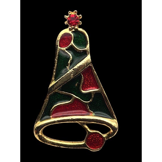 Vintage BJ Gold Tone Christmas Bell Brooch Pin With Red Green Enamel & Rhinestone