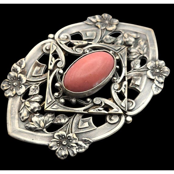 Vtg. Art Nouveau Silver Brooch With Pink Coral Cabochon Accent Floral Design