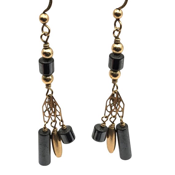 Vintage Gold & Hematite Dangle Earrings 14 Kt Gold Filled