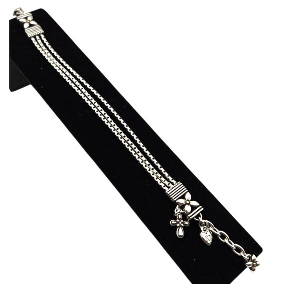 Vtg Brighton Silver Tone 3 Strand Bracelet W/ Floral & Heart Charms 8"x3/8" Womens Fashion Jewelry
