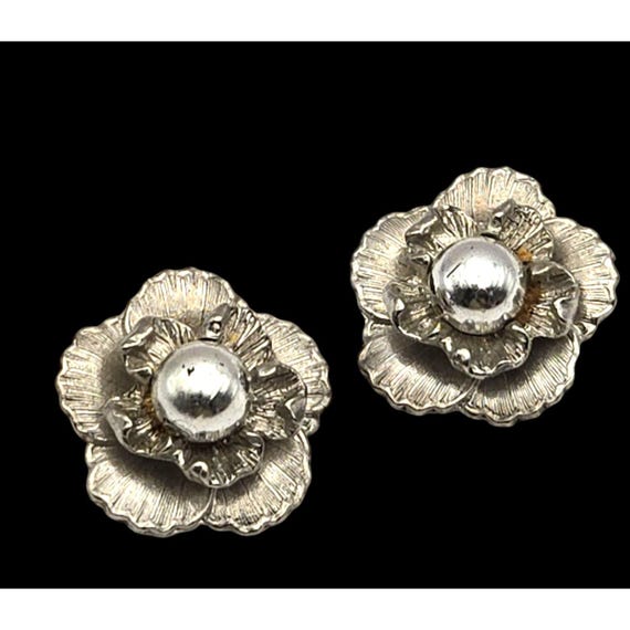 Vintage Brushed Silver Flower Clip-On Earrings Circa 1950-1960's