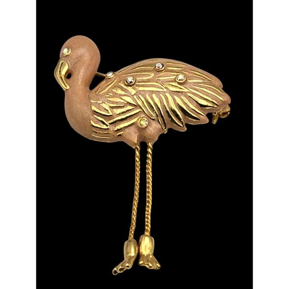 Vintage DANECRAFT Flamingo Brooch Pin With Dangling Legs - Gold-Tone Metal & Rhinestones - Bird Jewelry Accessory