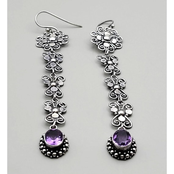 Sterling Silver Filigree Dangle Earrings With Amethyst Gemstone