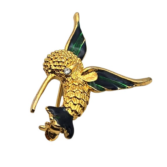 Vintage Hummingbird Brooch Pin Gold-Tone Enamel & Rhinestone Accent