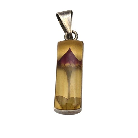 Vtg Sterling Silver Resin Pendant W/ Encased Rose Bud Signed Mexico 925 Rectangular Design