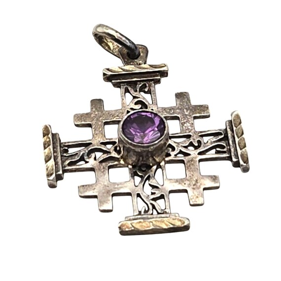 Vintage Jerusalem Cross Pendant With Sapphire Gemstone