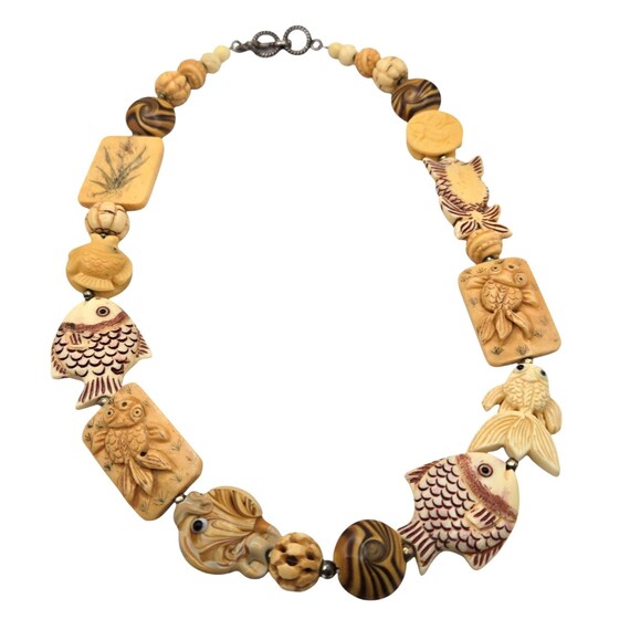 Hand-Carved Fish & Nature-Themed Necklace With Mixed Beads - Metal Clasp - Unique Artisan Style For Vintage Fashion Lovers