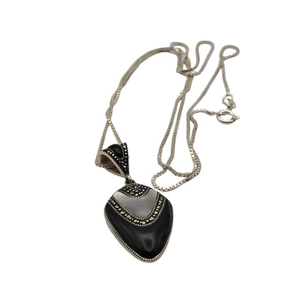 Sterling Silver Pendant Necklace With Black Onyx & Marcasite, M.O.P. Accents GIFT