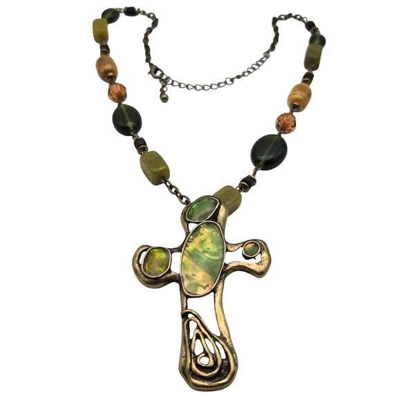 Vintage Agate & Glass Beaded Cross Pendant Necklace With Adjustable Chain 12 1/2 "